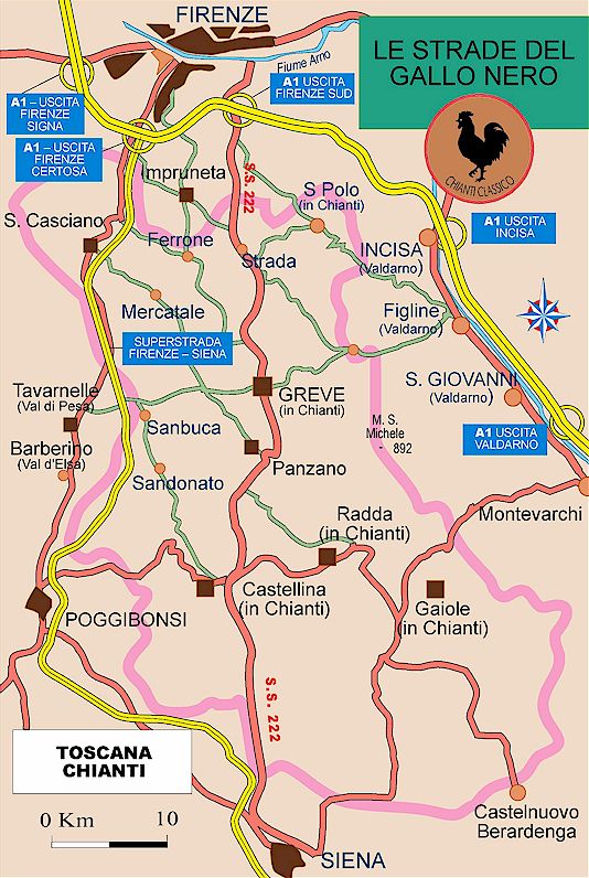 Chianti classico map - towns and vineyards